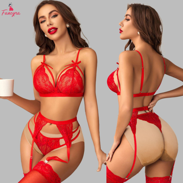 Fancyra Women Floral Lace Garter Lingerie Set with Thigh-High Stockings - Image 2