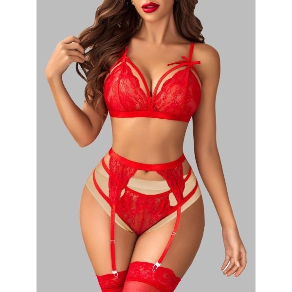 Fancyra Women Floral Lace Garter Lingerie Set with Thigh-High Stockings - Image 3