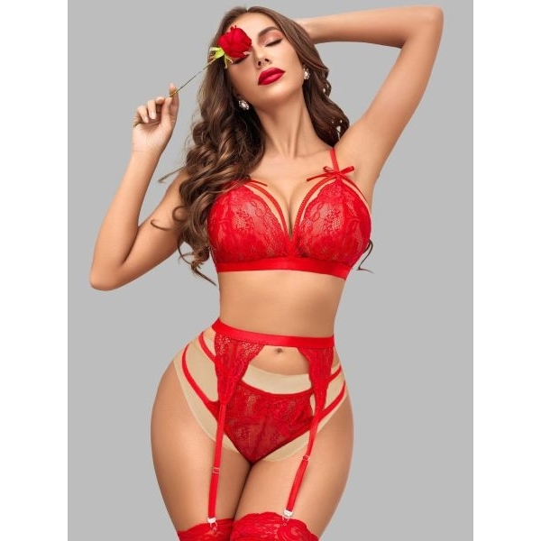 Fancyra Women Floral Lace Garter Lingerie Set with Thigh-High Stockings - Image 4