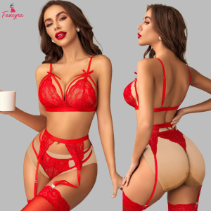 Fancyra Women Floral Lace Garter Lingerie Set with Thigh-High Stockings