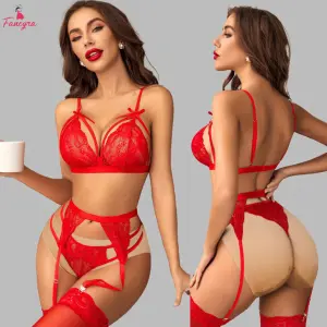 Fancyra Women Floral Lace Garter Lingerie Set with Thigh-High Stockings
