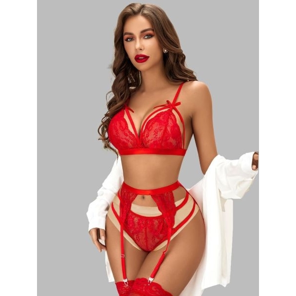 Fancyra Women Floral Lace Garter Lingerie Set with Thigh-High Stockings - Image 5