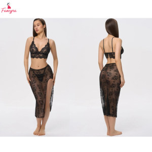 Fancyra Women Floral Lace Lingerie Bralette and Sheer Skirt Set