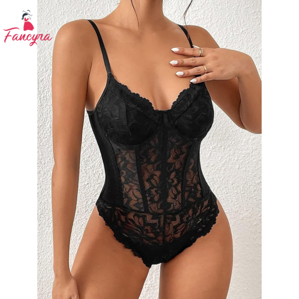 Fancyra Women Floral Lace Sheer Mesh Corset Lingerie Bodysuit Spaghetti Strap Cami Top - Image 2