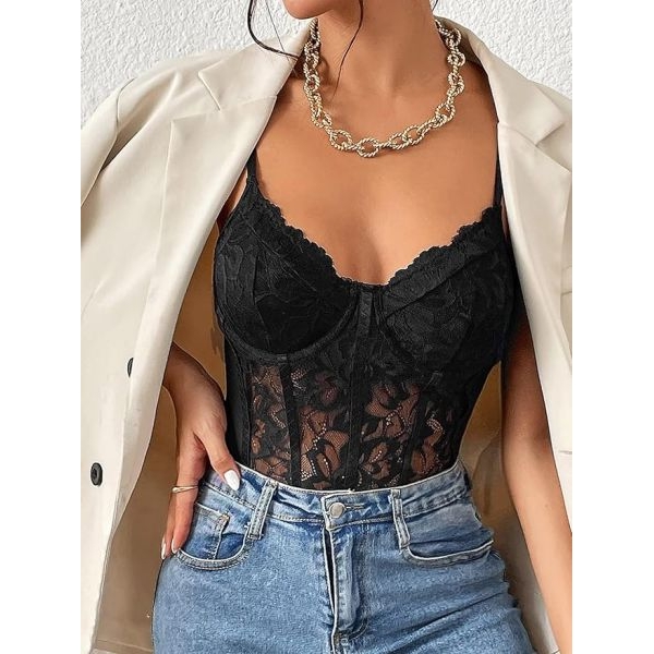 Fancyra Women Floral Lace Sheer Mesh Corset Lingerie Bodysuit Spaghetti Strap Cami Top - Image 3