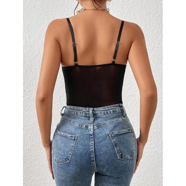 Fancyra Women Floral Lace Sheer Mesh Corset Lingerie Bodysuit Spaghetti Strap Cami Top - Image 4