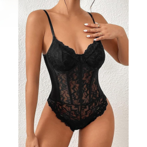 Fancyra Women Floral Lace Sheer Mesh Corset Lingerie Bodysuit Spaghetti Strap Cami Top