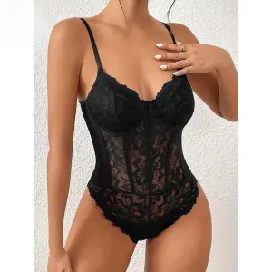 Fancyra Women Floral Lace Sheer Mesh Corset Lingerie Bodysuit Spaghetti Strap Cami Top