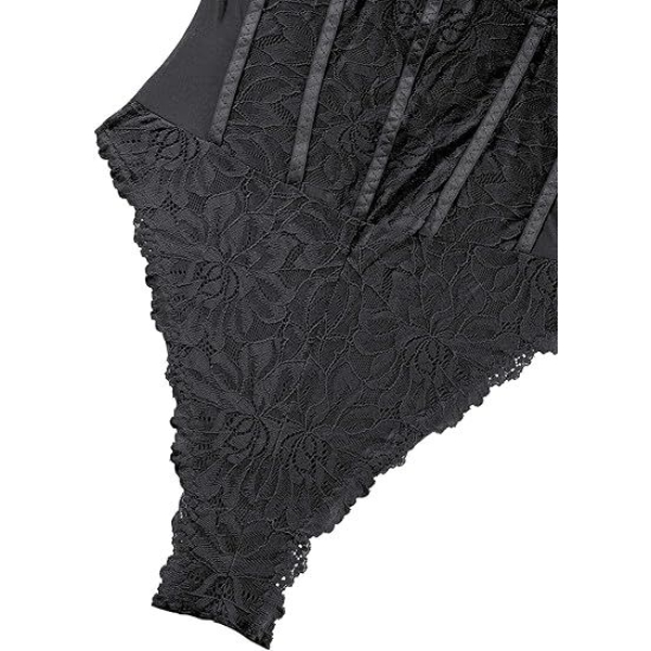 Fancyra Women Floral Lace Sheer Mesh Corset Lingerie Bodysuit Spaghetti Strap Cami Top - Image 5