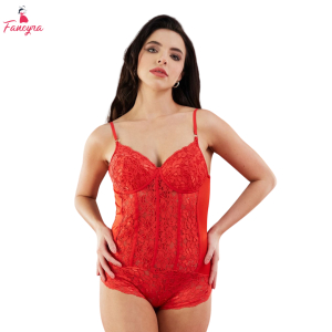 Fancyra Women Floral Lace Sheer Self Design Nightwear Baby Doll Lingerie