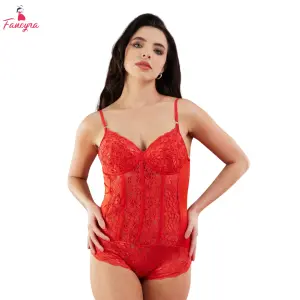 Fancyra Women Floral Lace Sheer Self Design Nightwear Baby Doll Lingerie