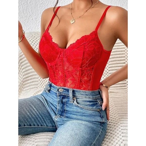 Fancyra Women Floral Lace Sheer Spaghetti Strap Scallop Trim Bustier Cami Bodysuit Lingerie Top - Image 3