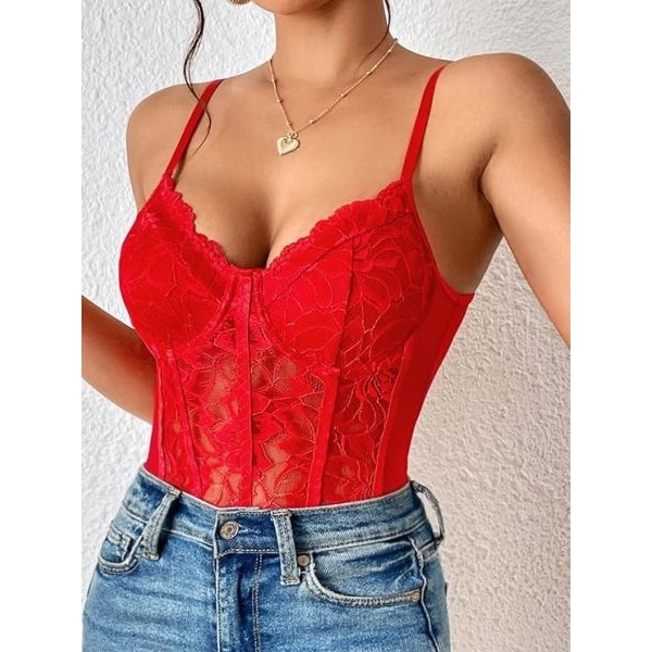 Fancyra Women Floral Lace Sheer Spaghetti Strap Scallop Trim Bustier Cami Bodysuit Lingerie Top - Image 4