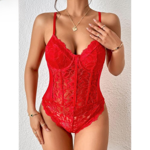 Fancyra Women Floral Lace Sheer Spaghetti Strap Scallop Trim Bustier Cami Bodysuit Lingerie Top