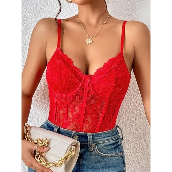 Fancyra Women Floral Lace Sheer Spaghetti Strap Scallop Trim Bustier Cami Bodysuit Lingerie Top - Image 5