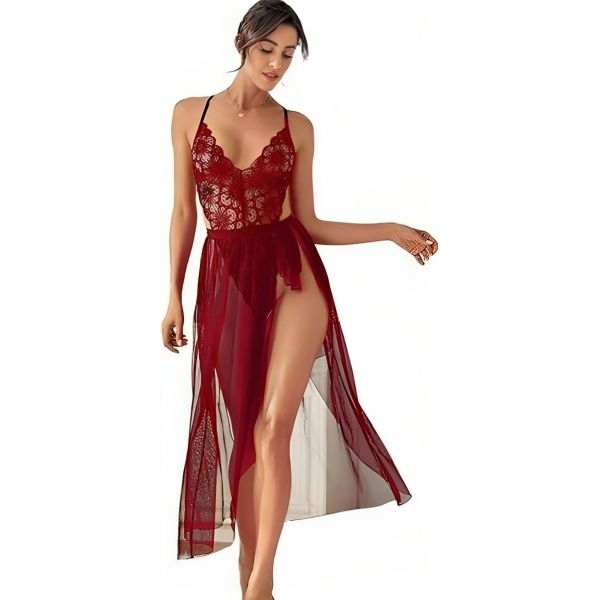 Fancyra Women Floral Lace Teddy Sheer Mesh Wrap Skirt with High Slit Bodysuit Lingerie Set - Image 4