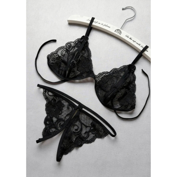 Fancyra Women Floral Net Lace Open Crotch Lingerie Bikini Bra Panty Set - Image 2