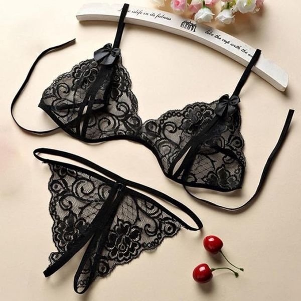 Fancyra Women Floral Net Lace Open Crotch Lingerie Bikini Bra Panty Set - Image 5