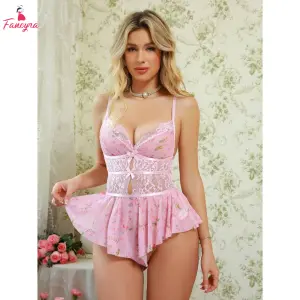 Fancyra Women Floral Print Contrast Lace Bow Front Mesh Bodysuit Pink Lingerie