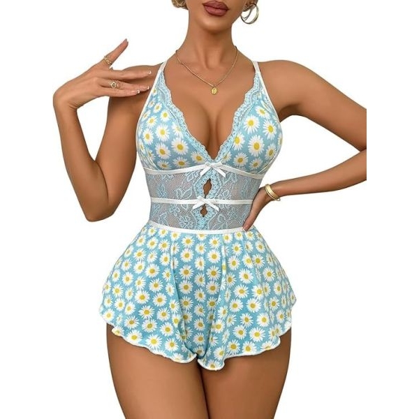 Fancyra Women Floral Print Lace Backless Babydoll Dress Nighty - Image 2