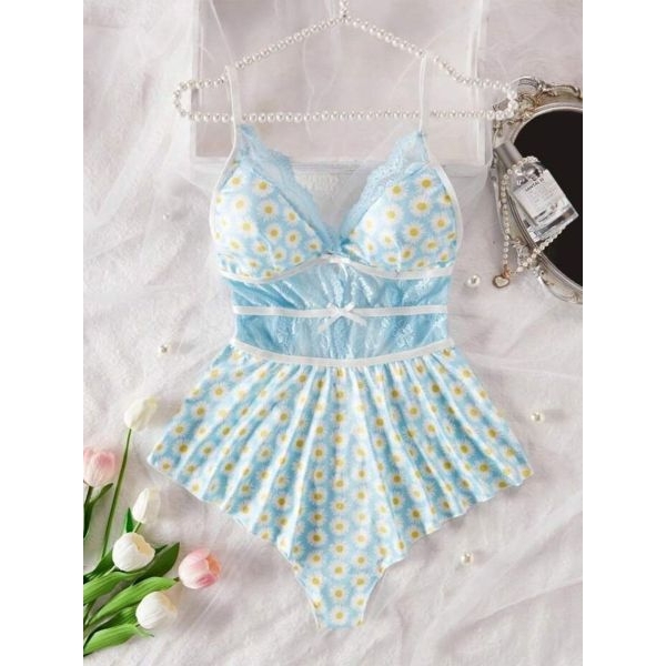 Fancyra Women Floral Print Lace Backless Babydoll Dress Nighty - Image 4