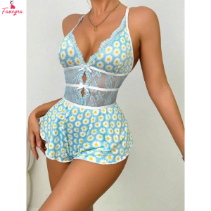 Fancyra Women Floral Print Lace Backless Babydoll Dress Nighty
