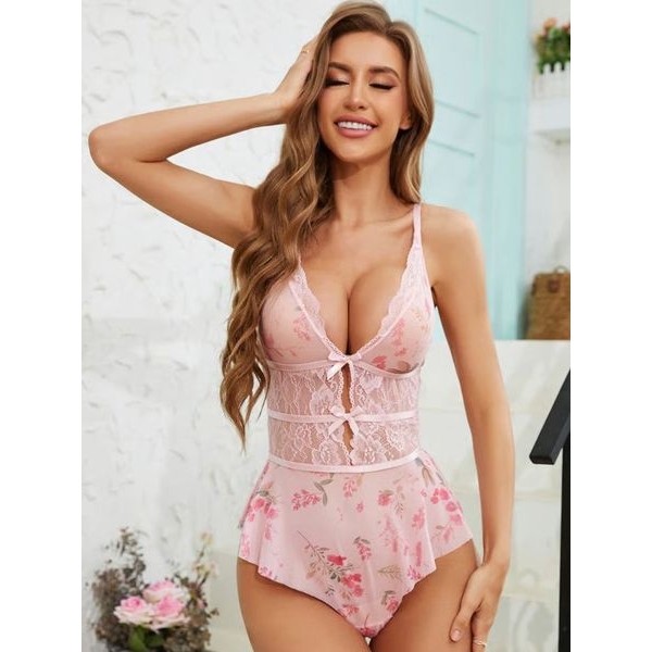 Fancyra Women Floral Print Net Lace Bow Transparent Bodysuit Lingerie - Image 2