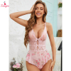 Fancyra Women Floral Print Net Lace Bow Transparent Bodysuit Lingerie