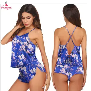 Fancyra Women Floral Printed Backless Lingerie Pajama Cami Top and Shorts Nightwear