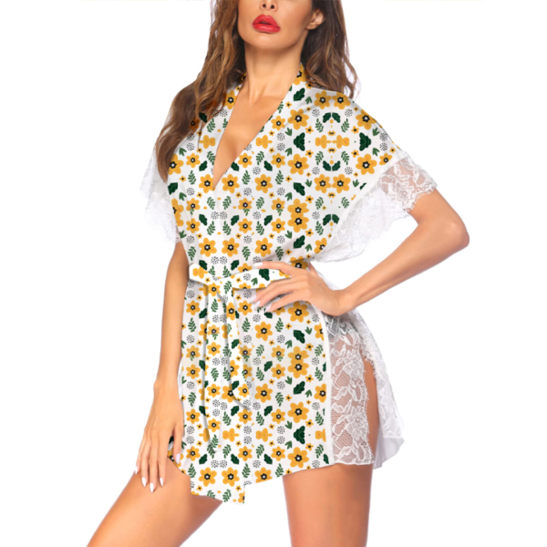 Fancyra Women Floral Printed Lace Trim Side Split Kimono Robe Swimwear Nightwear - Image 3