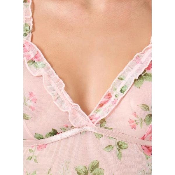 Fancyra Women Floral Printed Mesh Cami Dress with Thong Set Babydoll Lingerie - Image 3
