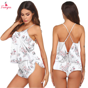 Fancyra Women Floral Printed Shoulder Straps Satin Blended Night suit Pajama Set