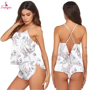 Fancyra Women Floral Printed Shoulder Straps Satin Blended Night suit Pajama Set