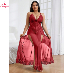 Fancyra Women Floral Sheer Self Long Mesh Nightwear Lingerie