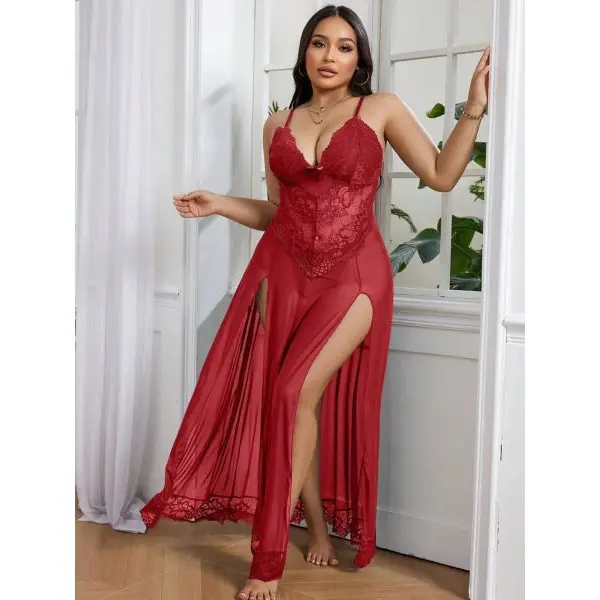 Fancyra Women Floral Sheer Self Long Mesh Nightwear Lingerie - Image 5