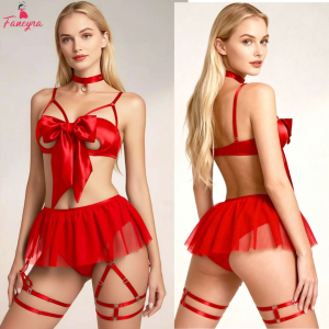 Fancyra Women Front Ribbon Tie Hot Lingerie Set with Garter Belts and Choker