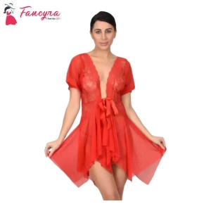 Fancyra Women Full Lace Lingerie Set With G String Panty Free Size Red Color