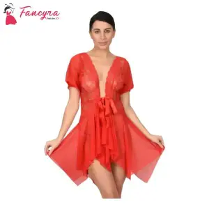 Fancyra Women Full Lace Lingerie Set With G String Panty Free Size Red Color