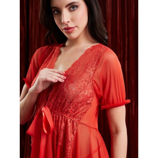 Fancyra Women Full Lace Sheer Self Design Nightwear Baby Doll Lingerie - Image 3