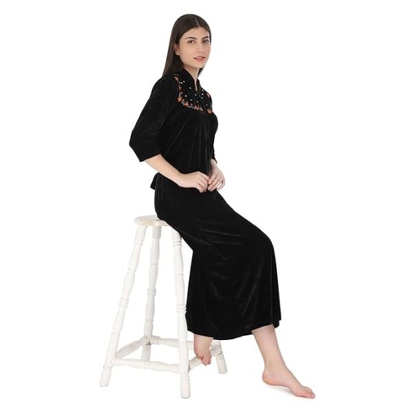 Fancyra Women Full Length Black Velvet Winter Nighty Nightdress - Image 2