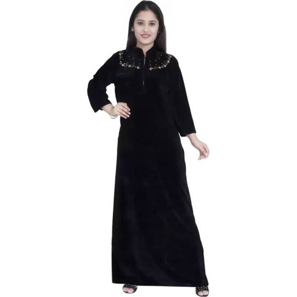 Fancyra Women Full Length Black Velvet Winter Nighty Nightdress - Image 2