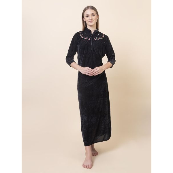 Fancyra Women Full Length Black Velvet Winter Nighty Nightdress - Image 3