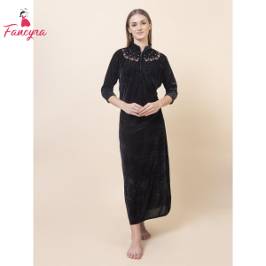 Fancyra Women Full Length Black Velvet Winter Nighty Nightdress