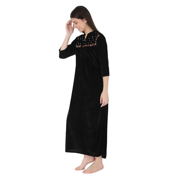 Fancyra Women Full Length Black Velvet Winter Nighty Nightdress - Image 5