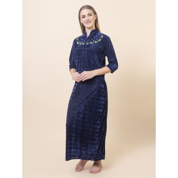 Fancyra Women Full Length Blue Velvet Winter Nighty Nightdress - Image 2