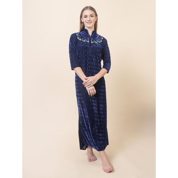 Fancyra Women Full Length Blue Velvet Winter Nighty Nightdress - Image 4