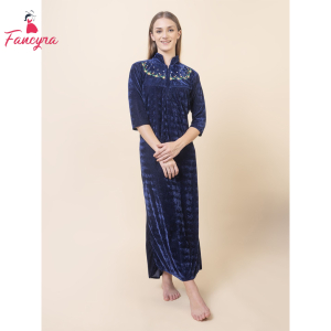 Fancyra Women Full Length Blue Velvet Winter Nighty Nightdress