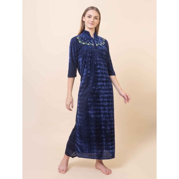 Fancyra Women Full Length Blue Velvet Winter Nighty Nightdress - Image 5