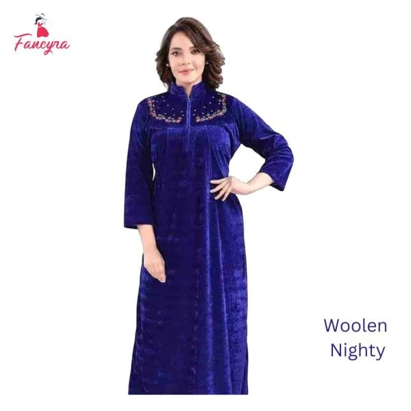 Fancyra Women Full Length Blue Woolen Blend Winter Nighty Nightdress - Image 2