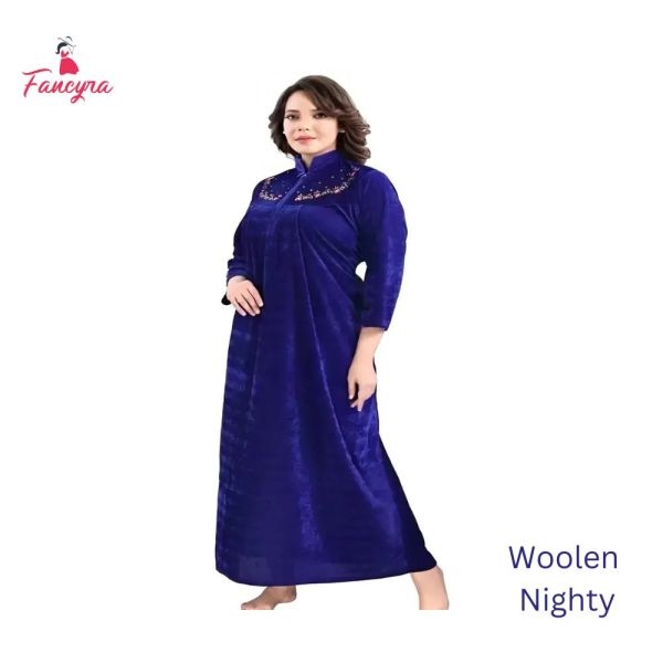 Fancyra Women Full Length Blue Woolen Blend Winter Nighty Nightdress - Image 3